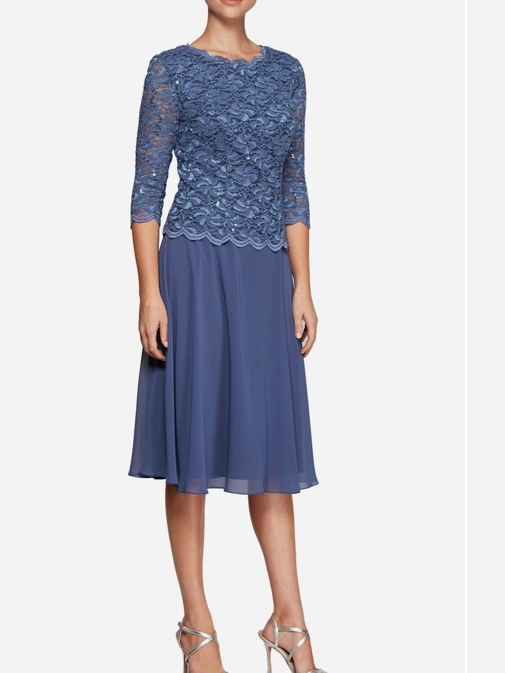 Alex Evenings Blue Lace Midi Dress with Chiffon Skirt